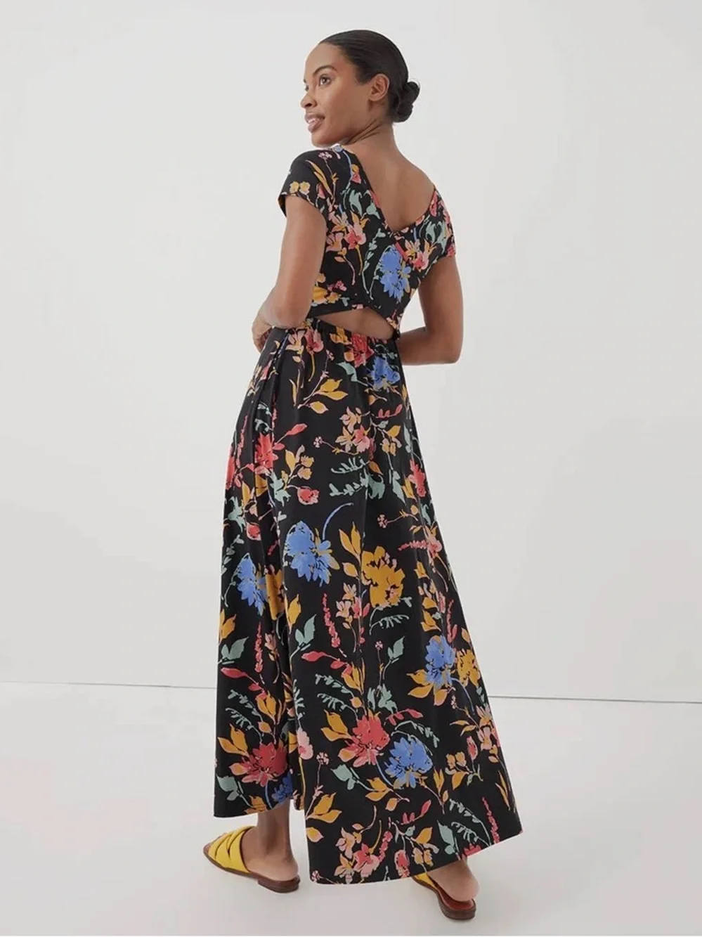 Pact Fit and Flare Crossback Maxi Dress Nightfall Blooms Black Floral Cotton XL
